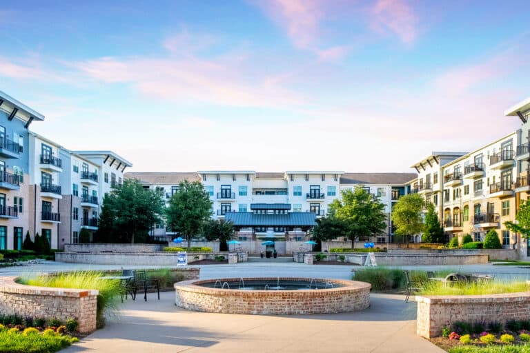 The courtyard and fountains at Bradford Cary Apartments.